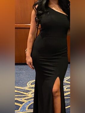 One-Shoulder Black Evening Gown with Thigh Slit